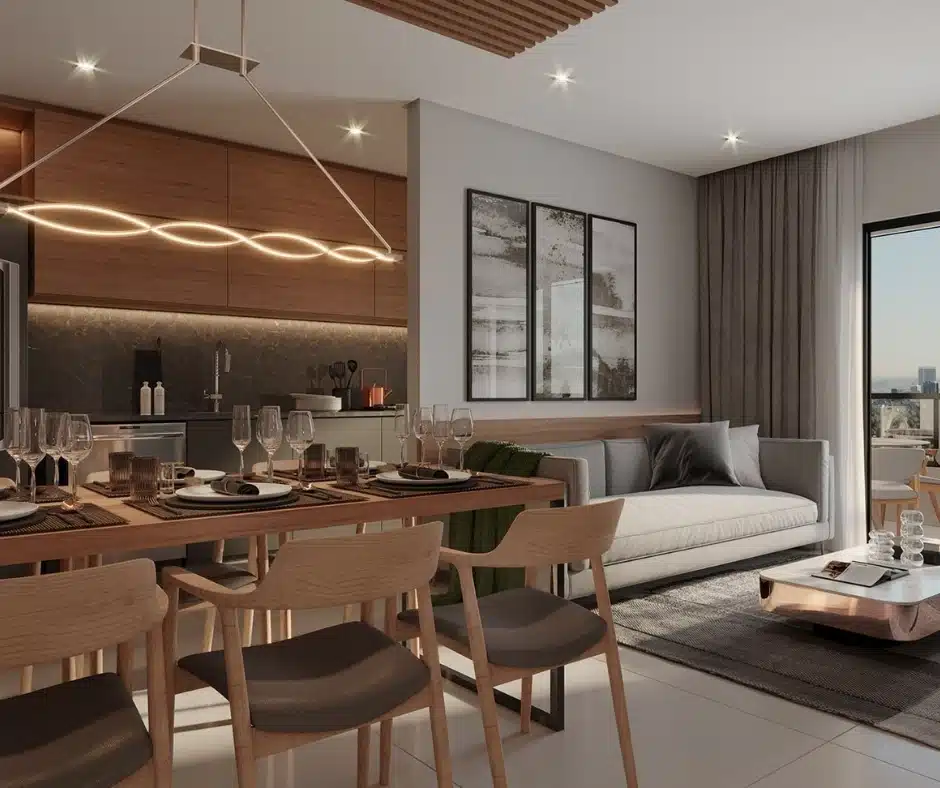 Ambiente integrado de estar e jantar com cozinha no Residencial Paesaggio em Itajaí/SC