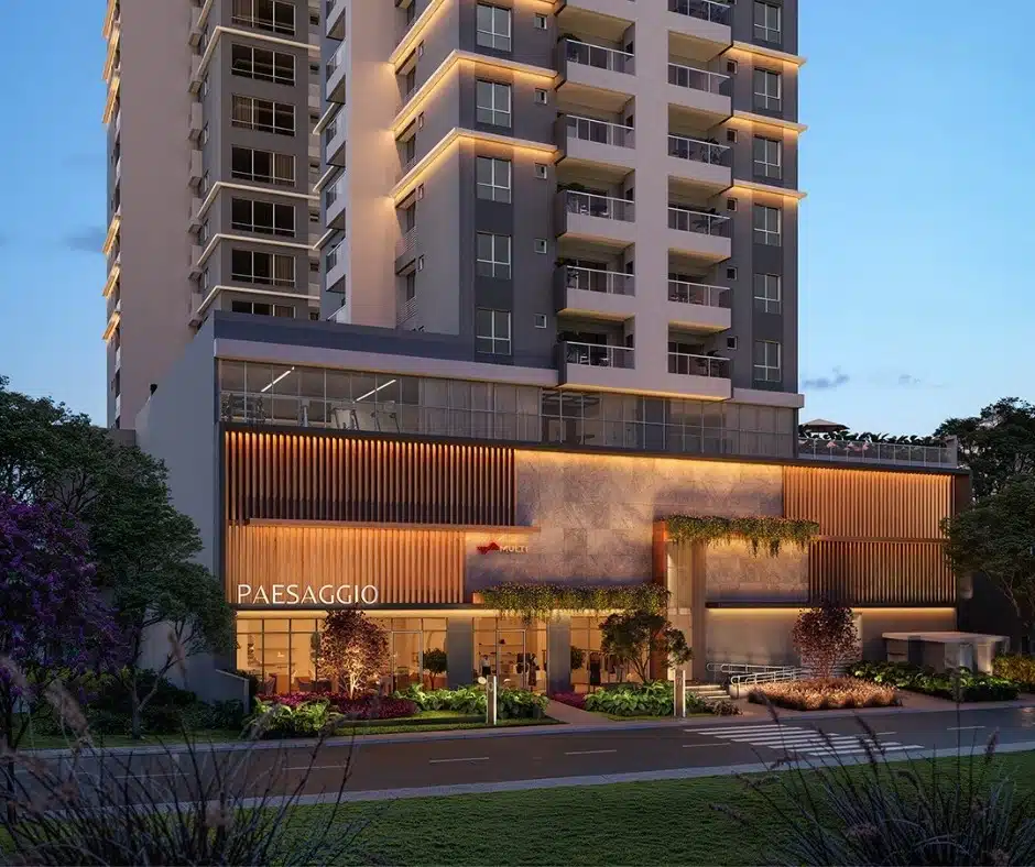 Fachada do Residencial Paesaggio em Itajaí/SC com iluminação noturna e acesso principal